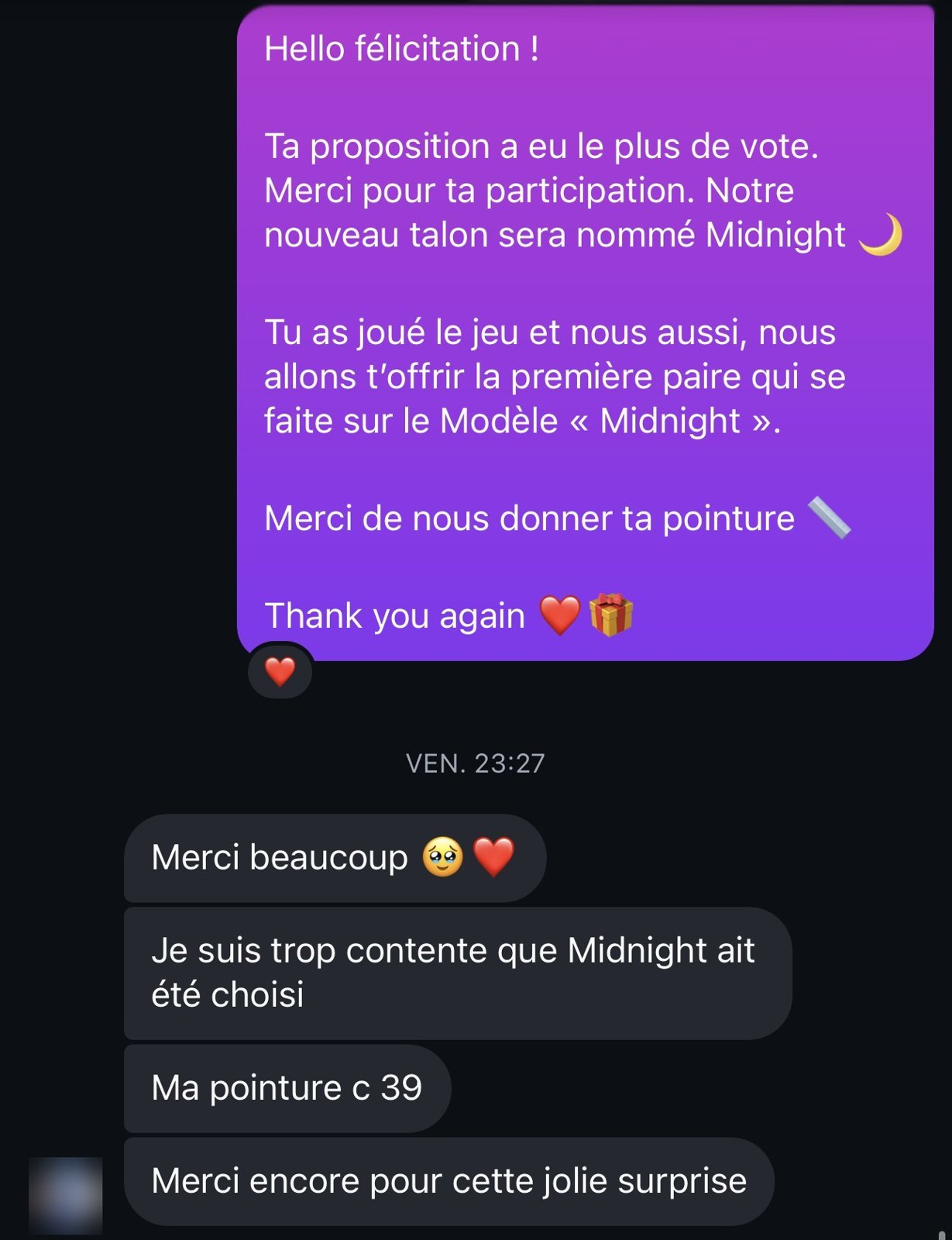 Message de la gagnante du nom Midnight